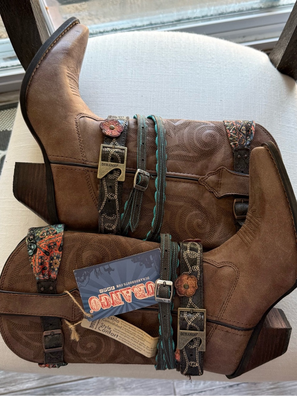 Durango Brown Western Ankle Boots with Turquoise Accent Straps